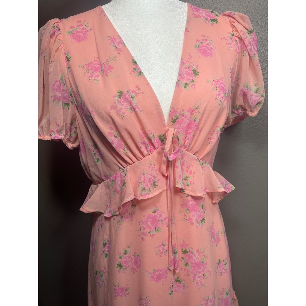 LoveShackFancy for Target‎ Pink Floral Ruffle V-Neck Midi Dress  8 Cottagecore
